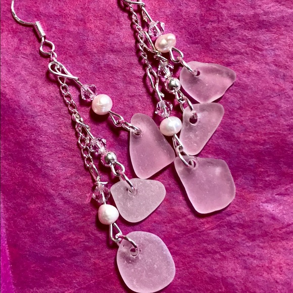 Chandelier Seaglass, Swarovski Crystal, Earrings - Picture 2 of 3